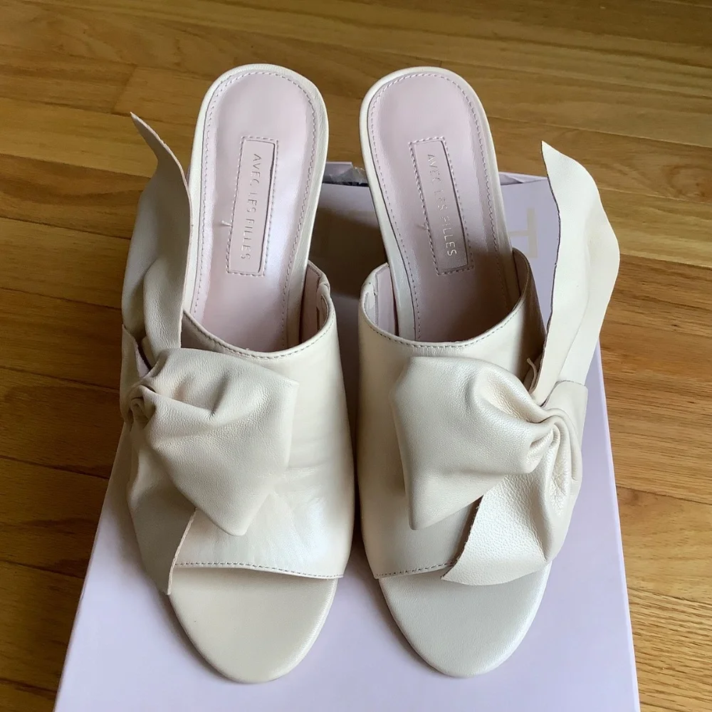 Avec Les Filles Marie Leather Bow Block-Heel Slide Sandals Pink Sand Nappa SZ 9